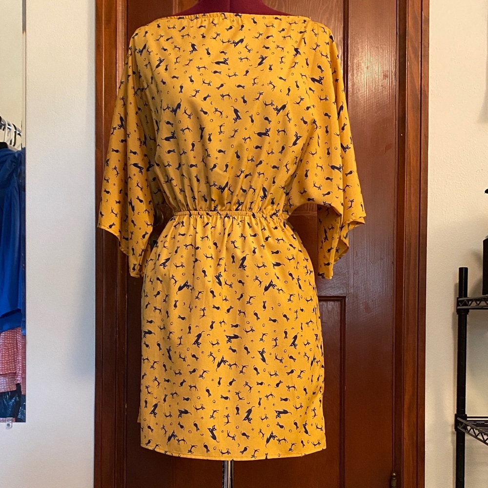Rachel Kate Boatneck Mustard Yellow tunic Dress with Navy Blue Cat pattern